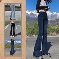 Quần bò nữ ống loe dáng dài, quần jeans nữ cạp cao chất denim bền đẹp  fullsize dưới 60kg QS49 bò loe dài