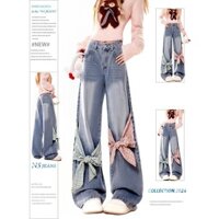 Quần bò nữ ống rộng màu xanh lam có nơ thiết kế Quần nữ ống đứng tôn dáng cổ điển kiểu Mỹ mùa thu đông 2024