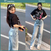 Quần bò nữ ống suông form dáng đẹp, hoạ tiết cào rách túi sau nổi bật, quần màu xanh basic dễ phối đồ