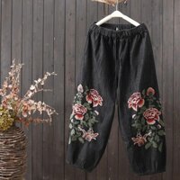 Quần bò nữ Quần bò thụng thụng thêu cỡ lớn mới mùa thu co giãn cạp cao co giãn cổ điển