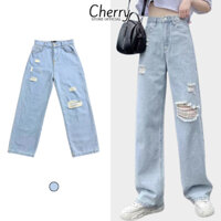 Quần bò nữ rách gối baggy ống suông rộng Cherry quần jean baggy màu xanh nhạt cá tính năng động T058