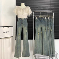 Quần bò ống loe rách đùi , Quần jean bò loe rách đùi lưng cao màu xanh hơi mài trước Dáng đẹp X 24