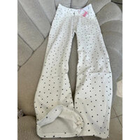 Quần bò ỐNg RộNg chấm bi quần dài ống thẳng thường ngày màu trắng rộng rãi cạp cao mẫu mới mùa hè cho nữ