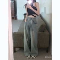 Quần bò ỐNg RộNg dây rút màu vàng, quần ống đứng co giãn Thiết kế tôn dáng gầy cạp cao kiểu Mỹ cho nữ, quần dài lau sàn