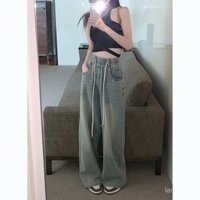 Quần bò ỐNg RộNg dây rút màu vàng, quần ống đứng co giãn Thiết kế tôn dáng gầy cạp cao kiểu Mỹ cho nữ, quần dài lau sàn