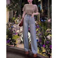 Quần Bò Ống Rộng Nữ Cạp Cao Đính Đá Gấu, Quần Jeans Ống Rộng Lưng Cao, Vải Bò Mềm