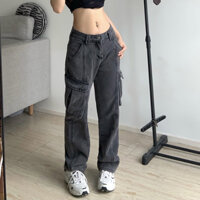 Quần bò ống rộng nữ túi hộp, quần jeans ống rộng lưng cao, vải bò dày đẹp ,không giãn, dáng suông_J9563