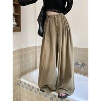 Quần bò ống rộng xếp nếp rộng phong cách Hồng Kông cổ điển cỡ lớn Jiashucheng Quần âu nữ ống đứng tôn dáng gầy