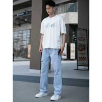 Quần bò ống suông nam rách gối màu xanh trắng nhạt chất jean mài xước đùi đẹp 090