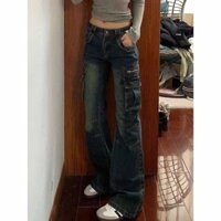 Quần bò, quần dài ống loe siêu nhỏ sành điệu, thiết kế cạp thấp, thiết kế tôn dáng, nữ, quần yếm Bỏ Túi Kiểu Mỹ cổ điển, mẫu mới HUGE