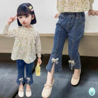 Quần bò, quần jean ống loe đính ngọc xẻ gấu xinh xắn cho bé gái size 11- 23kg