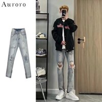 Quần bò rách gối denim thời trang quần jean nam rách gối uncover quần jean skinny nam hiphop tiếng nhật quần tây quần thời trang nam unisex quần jean skinny nam