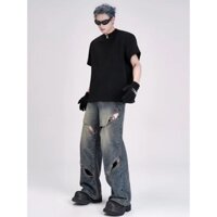 Quần bò rách gối unisex from rộng quần jean ống rộng nam hiphop quần jean nam rách gối Cao Cấp denim quần b