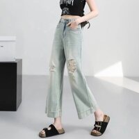 Quần bò rách ống đứng Jiashucheng quần Ăn Mày ỐNg RộNg cạp cao 9 điểm kiểu mỏng mẫu mới mùa hè cho nữ