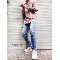 Quần bò xanh mài rách cá tính 03 / Set quần áo phụ kiện