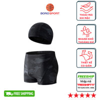 Quần bơi nam boxer  Cleacco màu đen Camo , chất vải  Poly co giãn 4 chiều , thoáng khí , thoát nước nhanh BORO SPORT - Tặng nón bơi vải - 2XL