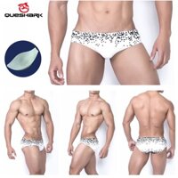 Quần bơi tam giác in kỹ thuật số màu trắng đen có miếng lót bảo vệ cho nam HHA36