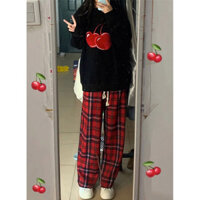 Quần ca rô kích thước lớn Phiên bản Hàn Quốc sang trọng Retro Phong cách Hồng Kông Quần ống rộng Quần thể thao Quần học sinh Quần thông thường Nữ Xuân Thu Phong cách mới dáng rộng dáng rộng dáng ôm hơn cho nữ Quần sàn phiên bản dài Quần thẳng được kiểm tr