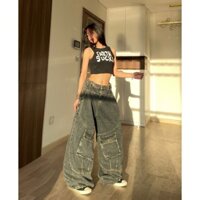 Quần Cargo Jean Unisex Lưng Kiểu Ống Rộng Màu Xám Chuột , Hàng QC Chất Lượng Cao Phong Cách Street Style