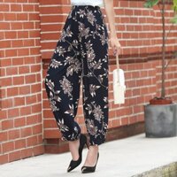 Quần cotton lụa mùa hè cho phụ nữ, trang phục ngoài, quần ống rộng xếp nếp, kích thước lớn, phong cách mẹ chín điểm, quần lụa cotton hoa đèn lồng, phong cách