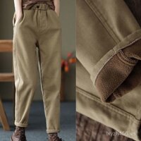 Quần Cotton Thu đông dày dặn mẫu mới Quần âu nữ cạp chun cộng với nhung quần Harem màu trơn Quần Dài Thời Trang Mùa Xuân