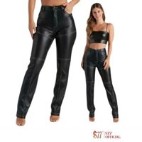 Quần da nữ da cừu hàng hiệu Shinestar trần chỉ màu đen dư xịn S77.SP013520