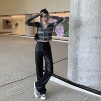 Quần Da Nữ Đen Thẳng Da Mới Chân Rộng