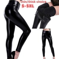 Quần da PU thời trang mỏng / dày màu đen sáng bóng Quần legging co giãn eo cao