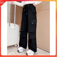 Quần dài cho bé gái lót nỉ, Quần kaki trẻ em nữ 6-12 tuổi túi hộp ống sớ dây rút dáng thể thao hàng Quản Châu cao cấp