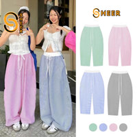 QUẦN DÀI HAREM KẺ SỌC PHỐI CẠP TRẮNG Chất KATE SHEER QU21, Quần Nữ Dáng Thụng Túi Hộp Dây Rút