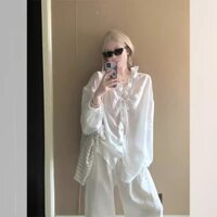 Quần dài kiểu Pháp có dây buộc, bộ sưu tập cao cấp, áo sơ mi dài tay ống rộng cổ V, ruffle thoải mái, bộ hai món mùa hè 1135] Nữ cao cấp [CK8X