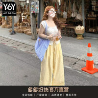 Quần dài màu vàng mỏng Dopamine quần ống rộng thẳng chấm bi màu thiết kế thích hợp mẫu mới mùa hè 2025 cho trẻ em