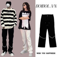 Quần dài nam ống rộng phối dây xích thời trang hàn quốc thời trang nam tính đen trắng quần nam  nữ thùng ngầu màu rắn tuổi trẻ