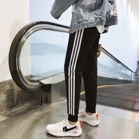 quần dài nỉ họa tiết phối ba sọc bo thể thao bặn nhà đi chơi chất vãi nỉ co giản - ĐEN QUẦN NỈ 3 SỌC BO - FREE SIZE 45-62KG