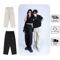 Quần dài suông túi chéo thiết kế, quần form rộng thể thao cạp chun có dây đai, quần ống rộng basic