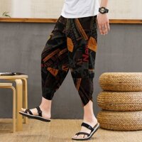 Quần Dài Vải Lanh Cotton Dáng Rộng Cỡ Lớn Họa Tiết Thổ Cẩm Cá Tính Cho Nam