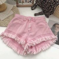 quần đi biển quần đùi nữ Quần short denim màu hồng Dopamine cho nữ quần ống rộng dáng rộng thân hình nhỏ hot girl mùa hè 2025 mẫu hot girl viền thô