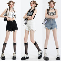 Quần đùi bò nữ rách lưng cao, quần jean short rách trắng ngắn tua rua đi biển MIAA chất jean bò denim cạp cao BIGSIZE