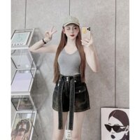 Quần đùi jean JEANTINI (tặng kèm đai) quần đùi nữ bò 2 cúc túi trước màu đen ánh rêu size S M L 6135