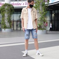 Quần đùi jean nam rách màu xanh logo tag in sup VNXK Pon.mens