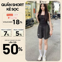 Quần đùi nam nữ kẻ sọc Éternal Studio, quần short tuytsi kẻ sọc có hình thêu dây rút form trên gối