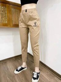 Quần đũi nữ baggy cạp chun dài DOLOXI đẹp cạp cao 2 khuy thêu chữ Q050 - Kem,XL