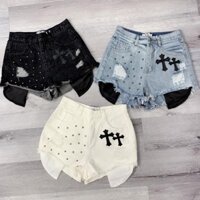Quần đùi short jean nữ đính đá chữ thập túi lộ