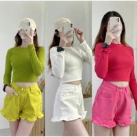 Quần đùi short jeans nữ lưng cao lai viền bèo Pants gợn sóng X77