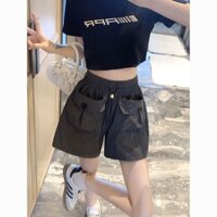 Quần Đùi Túi Hộp Nữ Eo Chun Có Dây Rút 2 Màu Trơn Thời Trang Hàn Quốc