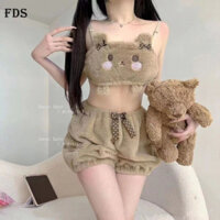 Quần flannel đồ mặc nhà mùa đông gấu dễ thương áo hai dây thiếu nữ Đồ ngủ bộ hai chiếc ống trước FDS