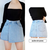 Quần giả váy Diti chữ A dáng ngắn lưng cao Ống rộng Gen bụng vải Jeans Denim 2 tà trước sau thời trang