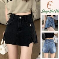 Quần giả váy jeans cạp cao dáng ôm chữ A H1, quần shorts jean vạt cắt Shop Hạt Dẻ