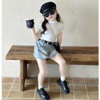 Quần Giả Váy Ngắn Và Áo Thun Trắng Cho Bé Gái, Set Quần Jeans
