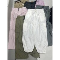 Quần gió nữ túi hộp ống rộng có dây rút gấu -  vải gió si Hàn
